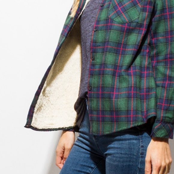 Plaid Fleece Lined Button Down Navy & Green - Picture 3 of 8